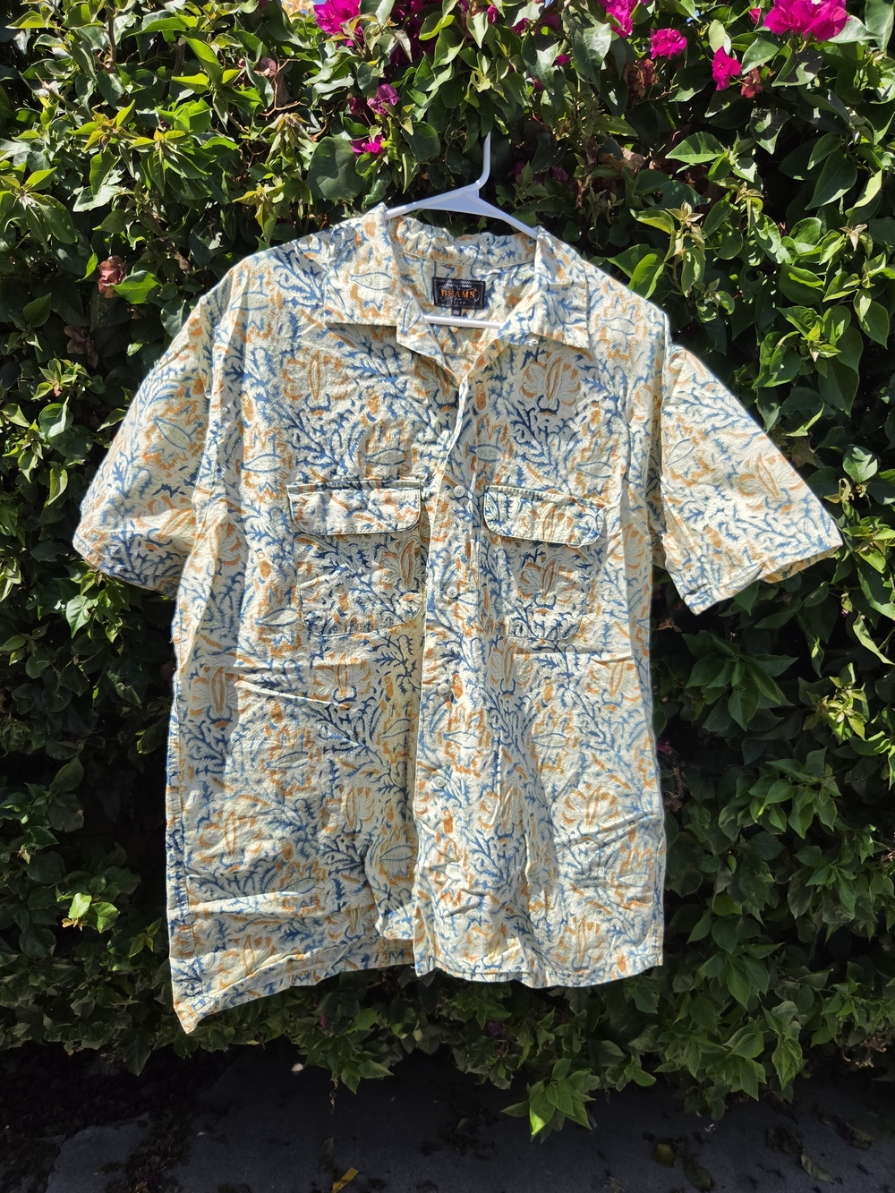 Beams+ Block Print Camp Collar Shirt Men's XL Blue Gold Botanical Cotton